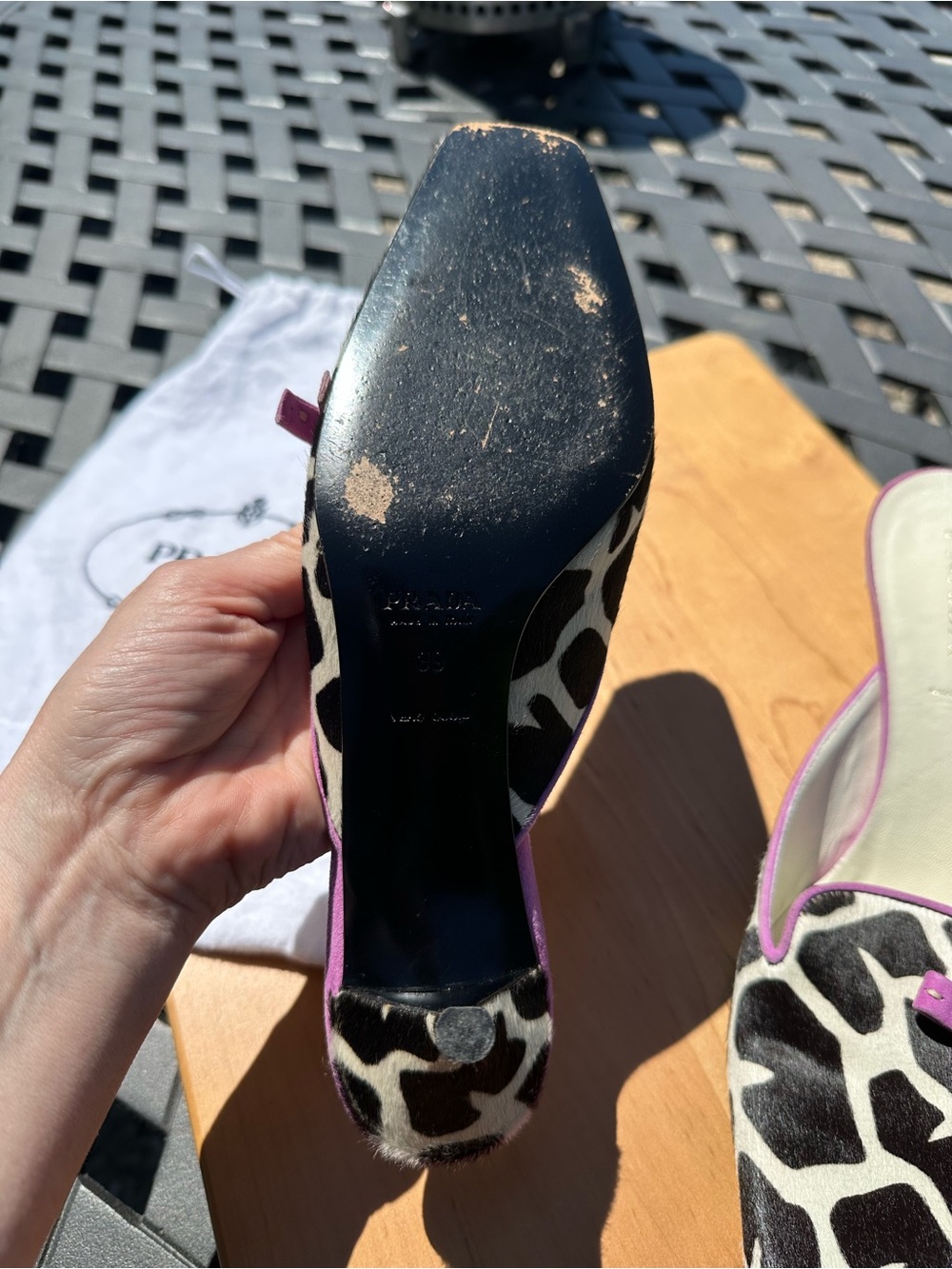 Prada Black & White Giraffe-Print Mules with Purple Trim - Picture 4 of 5